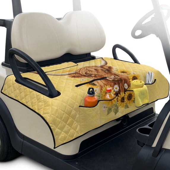 Whosucclay Quick Dry Golf Cart Seat Towel for Club Car Club Cars, 4 Storage Pockets with Holes Golf Cart Seat Blanket , Highland Cow Sunflower