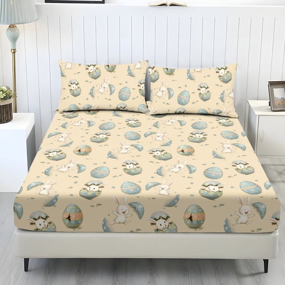 Whosucclay Rabbit Easter Egg Pattern 3 Piece Fitted Sheet Set for Kids Girls, Wrinkle Free Durable Bedding for Bedroom, Twin Size
