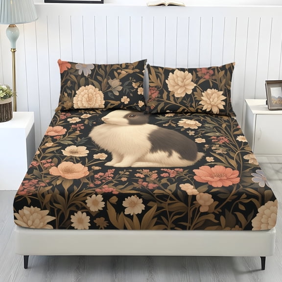 Whosucclay Rabbit Floral Print Fitted Sheet Trio, Elastic Fade Resistant Bedding with Fitted Sheet & 2 Pillowcases, No Flat Sheet Included, Soft Fitted Sheet Set, King Size