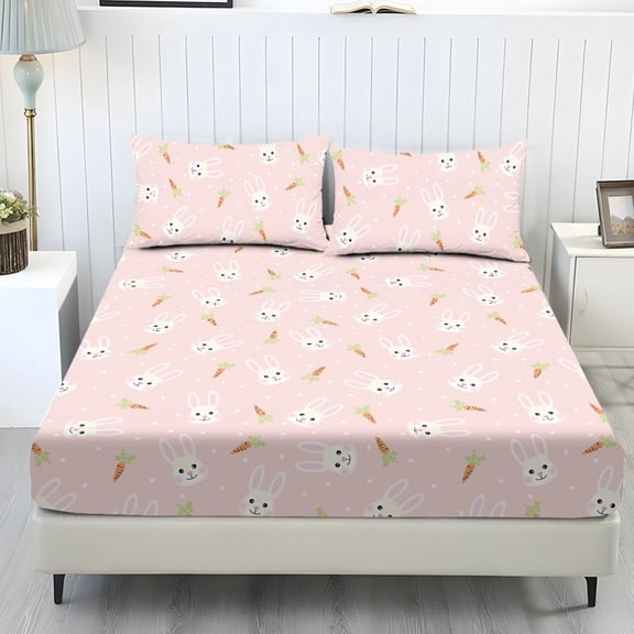 Whosucclay Rabbit and Carrot Design 3-Piece Fitted Sheets for Women Teens, Deep Pockets Practical Fitted Sheet Set for Bedroom Decor, Twin Size