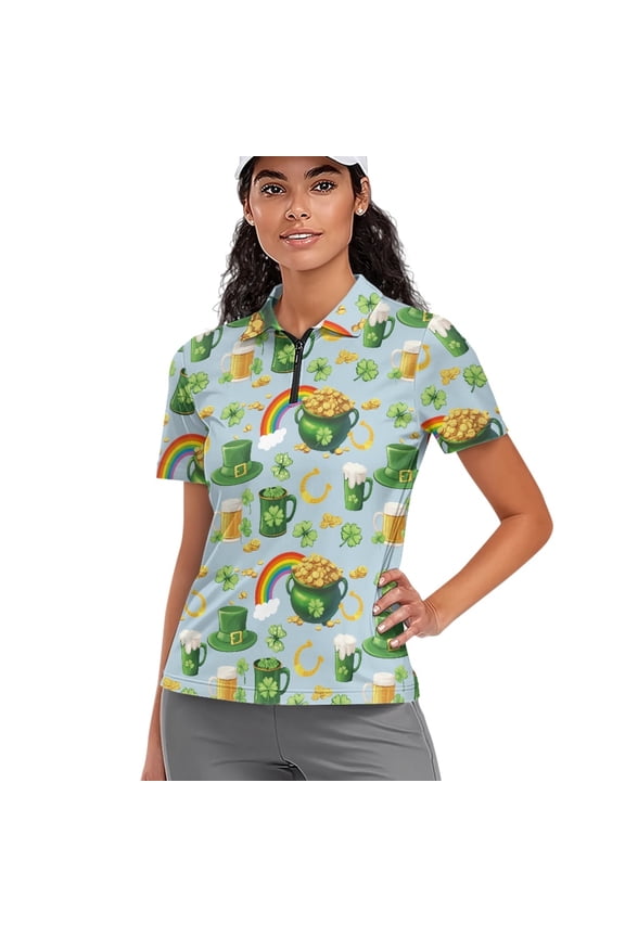 Rainbow Coin Pattern Soft Tennis Short Sleeved Shirt, Polyester Polo Shirts V Neck Lightweight Workout Athletic Tops for Outdoor Sports Golf Exercise Size Medium