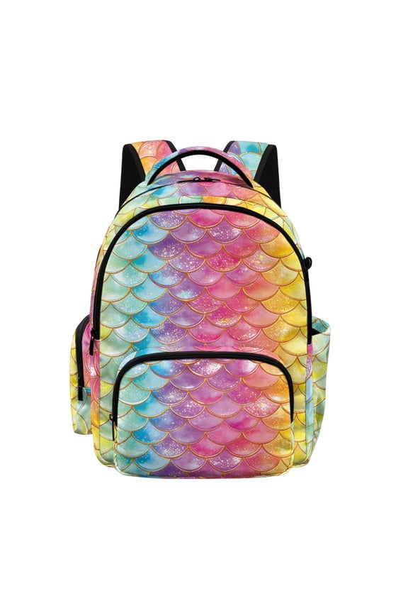 Rainbow Mermaid Scale Pattern Kids Backpack for Boys Girls, Elementary School High School Lightweight Rucksack for Short Vacation Outdoor Hiking