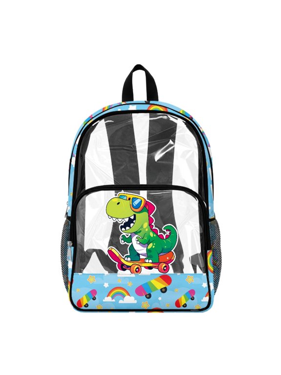 Rainbow Skateboard Cloud Dinosaur 17 Inch Large Capacity Clear Backpack for Girls Boys, Wide Shoulder Straps Side Pockets School Backpack for Elementary