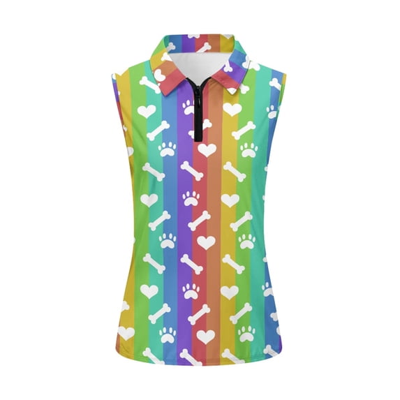 Whosucclay Rainbow Stripes with Bones Women's Sleeveless Golf Shirt for Ladies Elastic Half Zip Relaxed Womens Golf Shirt XS - 2XL