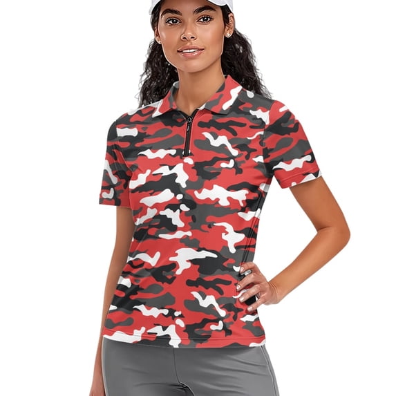 Whosucclay Red Camouflage Pattern Tennis Shirts, Half Zipper Lightweight Moisture Wicking Golf Pullover for Vacation Outdoor Running Soft Size Small