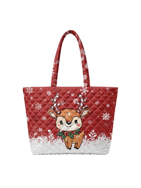Red Christmas Reindeer Quilted Tote Bag Foldable Large Capacity Carryall for Daily Commute Holiday Getaway Office Travel Stores All Your Essentials
