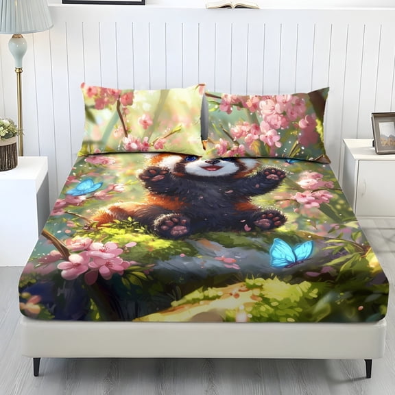 Whosucclay Red Panda Floral Print Three Piece Fitted Sheet Set, Soft Touch Fitted Sheets for Bedroom, 1 Fitted Sheet and 2 Pillowcases, No Flat Sheet Durable Non-Slip, King Size