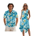 thumbnail image 1 of Whosucclay Ripples Starfish Plumeria Flower Print Couple Matching Outfits Summer Dresses for Women with Pockets Mens Hawaiian Button Down Shirts Beach Vacation Outfits for Husband and Wife, 5XL, 1 of 7