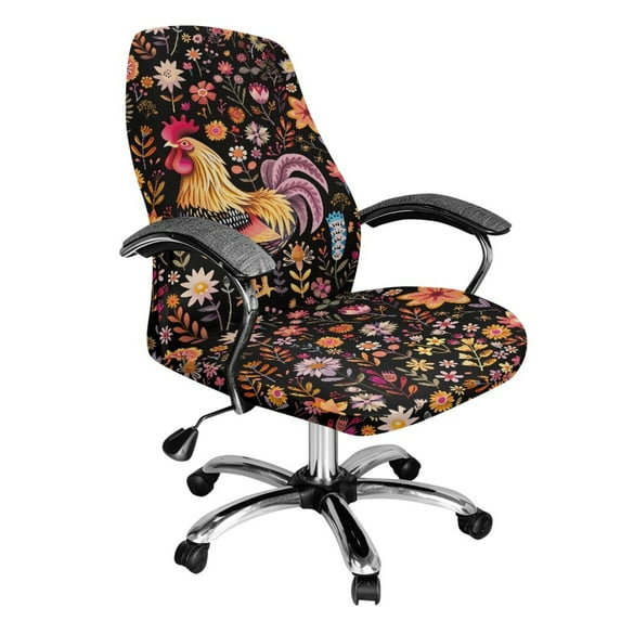 Whosucclay Rooster Chicken Flower Leaf Pattern Office Chair Cover, Removable Computer Office Chair Cover with Elastic Bottom Universal Rotating Desk High Back Seat Protective Chair Slipcovers-L