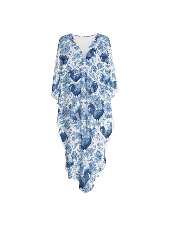 Rooster Floral Toile Pattern, Caftan Dress for Women Hawaiian Muumuu Dress Plus Size Moroccan Loose Fit Beach Dress for Casual