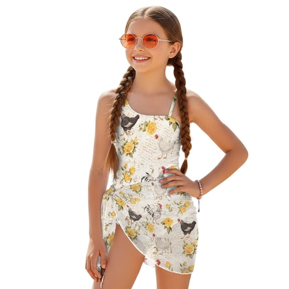 Whosucclay Rooster Pattern Girls One Piece Swimsuits, Quick Dry Girls' One Piece Swimsuit with Cover Up for Teens, Adjustable Strap, 13-14 Years Old