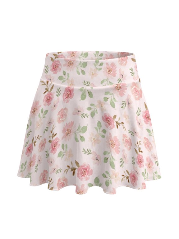 Rose Pattern Athletic Skort, Comfortable Stretchy Tennis Skirts Built-in Shorts Golf Skirts for Pickleball Hiking, Size Medium
