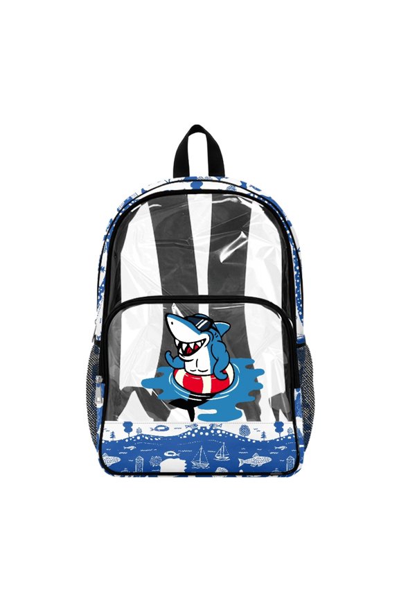 Sailboat and Wave Shark Pattern Clear Backpack for Boys Girls, Kindergarten with Side Pockets Front Zipper Pocket See Through PVC Backpack for Travel