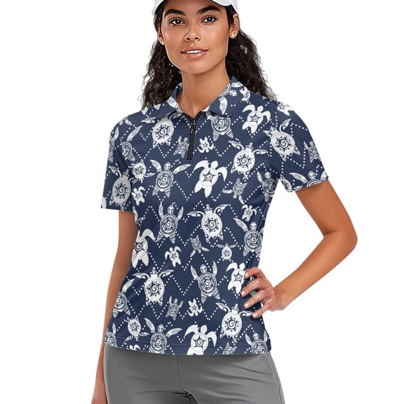 Whosucclay Sea Turtle Pattern Women Zip Golf Shirts, Quick Dry Women Short Sleeve Golf Shirts Lightweight Moisture Wicking Golf Polo Tops Size X-Small