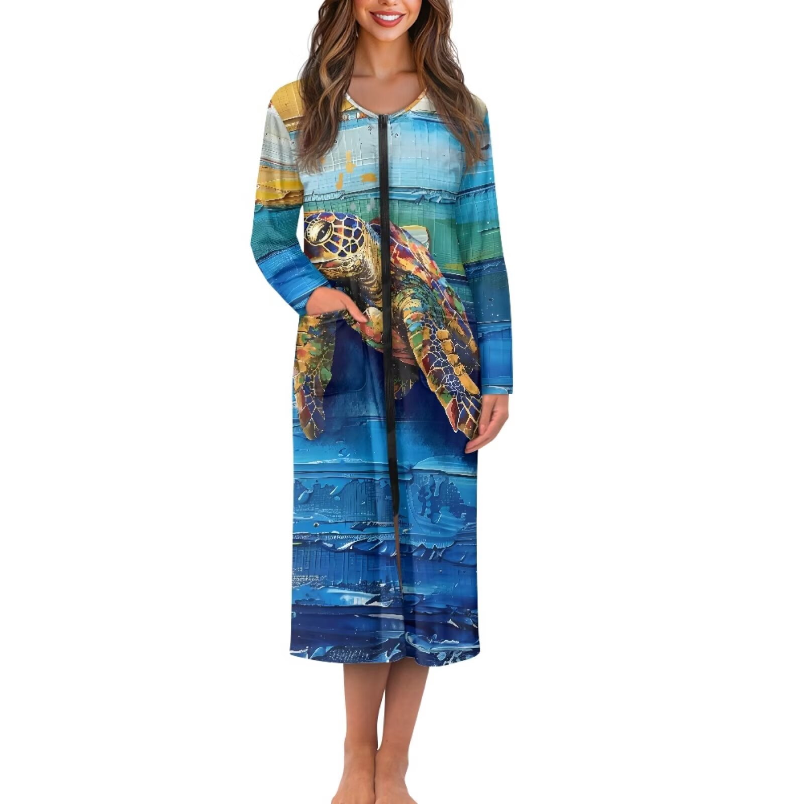 Whosucclay Sea Turtle Wall Print Women Nightgowns Long Sleeve ...