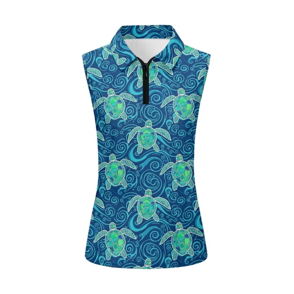 Whosucclay Sea Turtle Wave Print Workout Tank Tops for Women Zip Up Sleeveless Fashion Womens Golf Shirt XS - 2XL