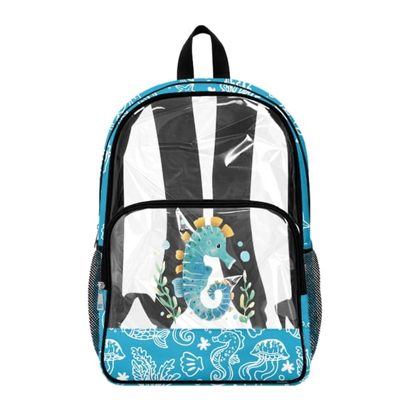 Whosucclay Seahorse Ocean Print Clear Backpack for Girls Boys, 17 Inch Side Pockets Shoulder Bag Elementary Kindergarten with Wide Shoulder Straps Transparent