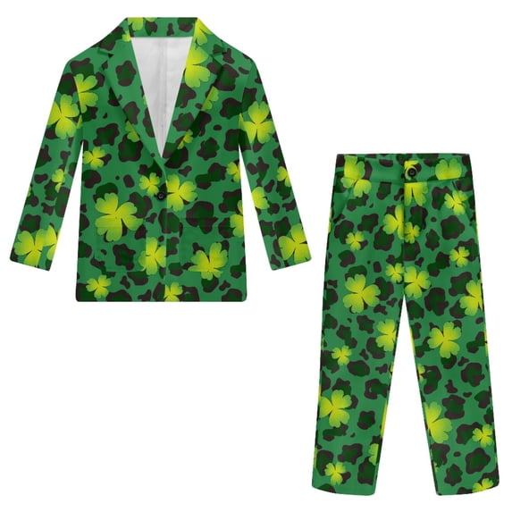 Whosucclay Shamrock Leopard Print Elastic Waistband Boys Suits, 2 Piece Kids Suits Comfortable For All Day Wear Polyester Fabric Boys Suit Set for Photograph Church
