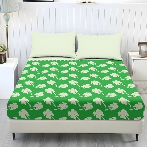 Whosucclay Shamrock Pattern 3-Piece Fitted Sheet Set with Deep Pockets Cozy, Fitted Sheet & 2 Pillowcases, No Flat Sheet Included Fitted Sheets for Home Decor Bedroom, King Size