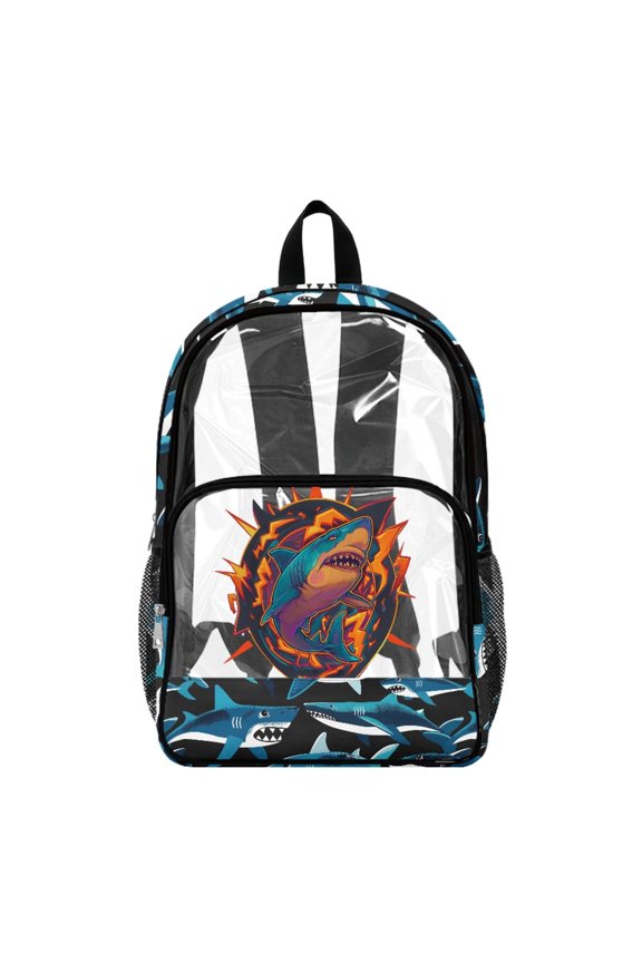 Shark Ocean Clear Backpack for Girls Boys, Kindergarten Elementary Transparent Side Pockets Transparent Backpack for School Work