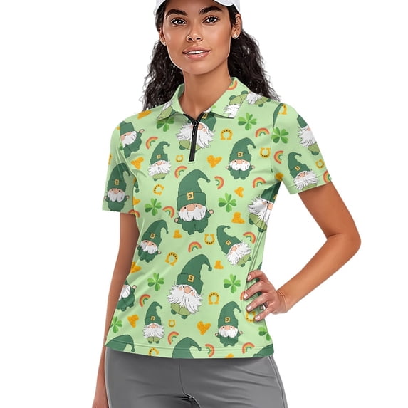 Whosucclay Skin Friendly Workout Tennis Activewear for Travel Golf Hiking, Polyester Lightweight Moisture Wicking Women V Neck Golf Shirts, Rainbow Clover Design Size Medium