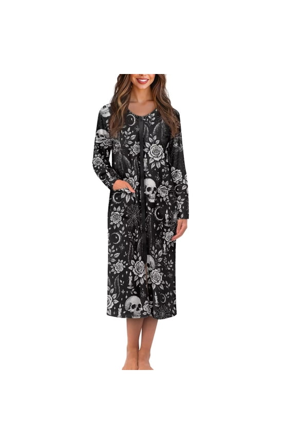 Skull Cat Rose Spider Web Print Zipper Front Robes for Women, Soft Long Sleeve Nightgown for Women Casual Housecoat Loungewear Sleepwear Dress with Zipper and 2 Pockets Halloween Decor, M