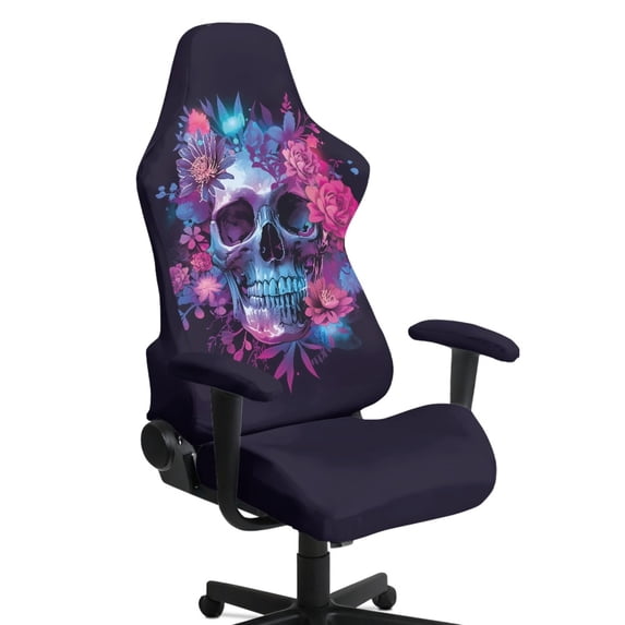 Whosucclay Skull Daisy Flower Print Gaming Chair Cover with Armrests Elastic Breathable Computer Chair Slipcover Washable for Scratch & Stain Protection Office Chairs Covers