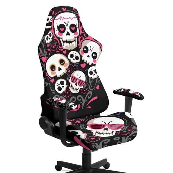 Whosucclay Skull Heart Music Note Print Gaming Chair Covers, with Armrest Cover Computer Chairs Slipcovers Stretchable Elastic Machine Washable Gaming Chair Seat Cover Valentine's Day Decor