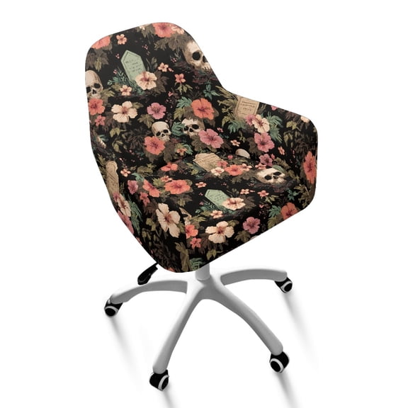 Whosucclay Skull Hibiscus Floral Leaf Print Curved Back Dining Chair Covers Dustproof Swivel Armchair Cover Protector Anti Wrinkle Curved Back Bar Stool Slipcovers with Arms for Bar, Dining Room