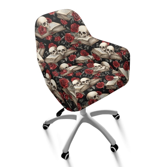 Whosucclay Skull Rose Book Print Curved Back Dining Chair Covers with Arms Easy to Install Bar Stool Covers with Armrest Reusable Accent Vanity Chair Slipcover with Elastic Bottom