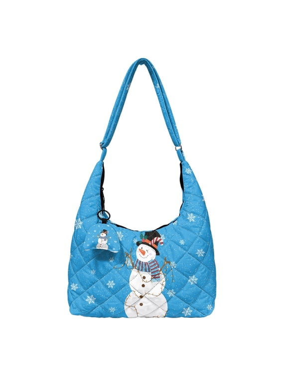 Sky Blue Snowman Women's Quilted Hobo Bag, Adjustable Soft Shoulder Purse with Secure Zipper Closure and Inner Slots for Cards Sunglasses, for Work, Holiday Outings