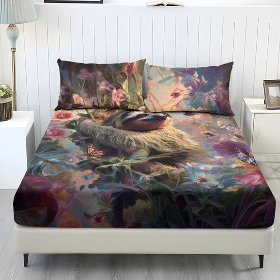 Whosucclay Sloth Floral Design Soft 3 Piece Bedding with Guest Room for Kids Teens, Deep Pocket Fit All Around Elastic Non-Slip Fitted Sheet Set, Twin Size