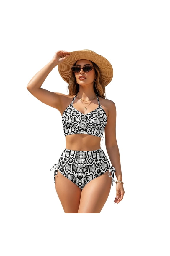 Snake Skin Pattern Sexy Women's Swimsuit Drawstring 2 Piece Set, Sporty Two Piece Bikini Set High Waisted Retro Size 3X-Large