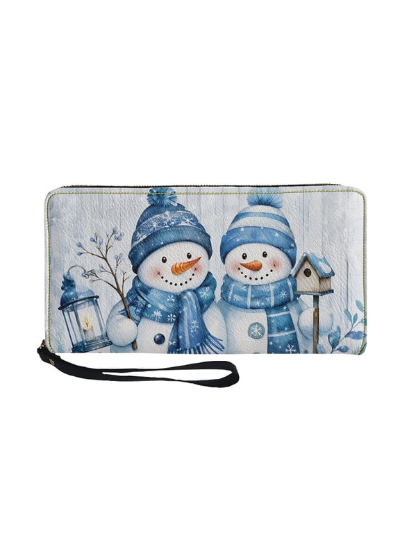 Snowman Couple Print Wristlet Wallet for Women Large Capacity PU Leather Zip Around Clutch Purse Cit Card Cash Coin Organizer for Travel Daily Use