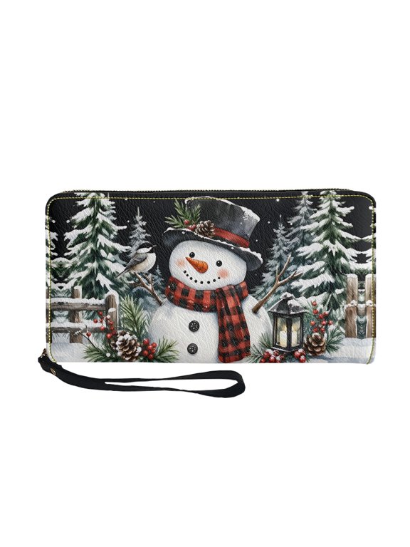 Snowman Pine Print Women Wristlet Wallet Large Capacity PU Leather Zip Around Clutch for Holiday Outings,Multi Slot Cash Bill ID Storage Purse for Daily Use