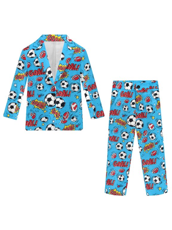 Soccer Ball Pattern, Non-Stretch Polyester Boys Suit Adjustable Elastic Waist Single Button Slim Fit Tuxedo for Graduation Wedding Ceremony