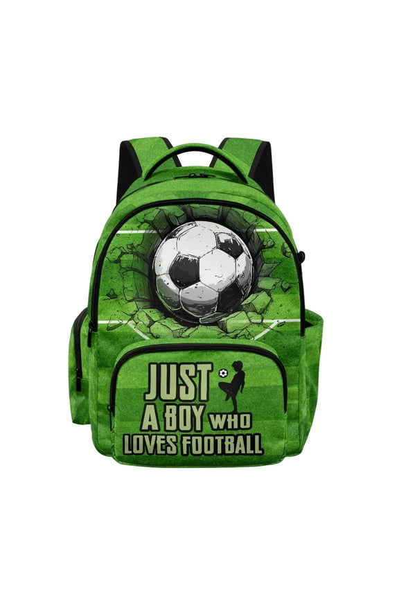 Soccer Breaking Green Field Primary Backpacks for Boys Girls, Lightweight Bag Middle School Elementary School High School with Side Pockets Washable