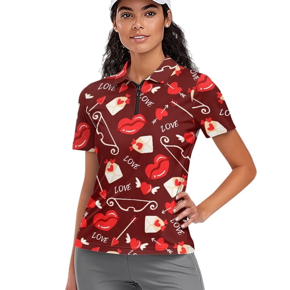 Whosucclay Soft Golf Polo Tops for Tennis Shopping Casual Outings, Polyester Moisture Wicking Stylish Tennis Shirts, Love Letter Heart Pattern Size Small