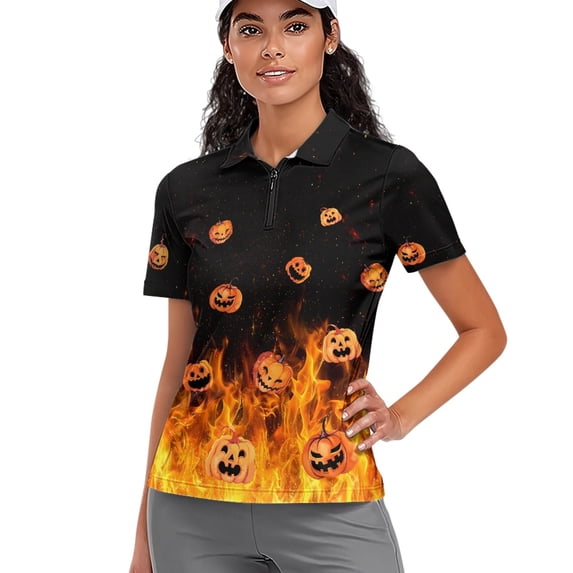 Whosucclay Soft Women Short Sleeve Golf Shirts, Flaming Pumpkin Pattern Polyester Quick Dry Lightweight Tennis Shirt for Travel Hiking Summer Size Small