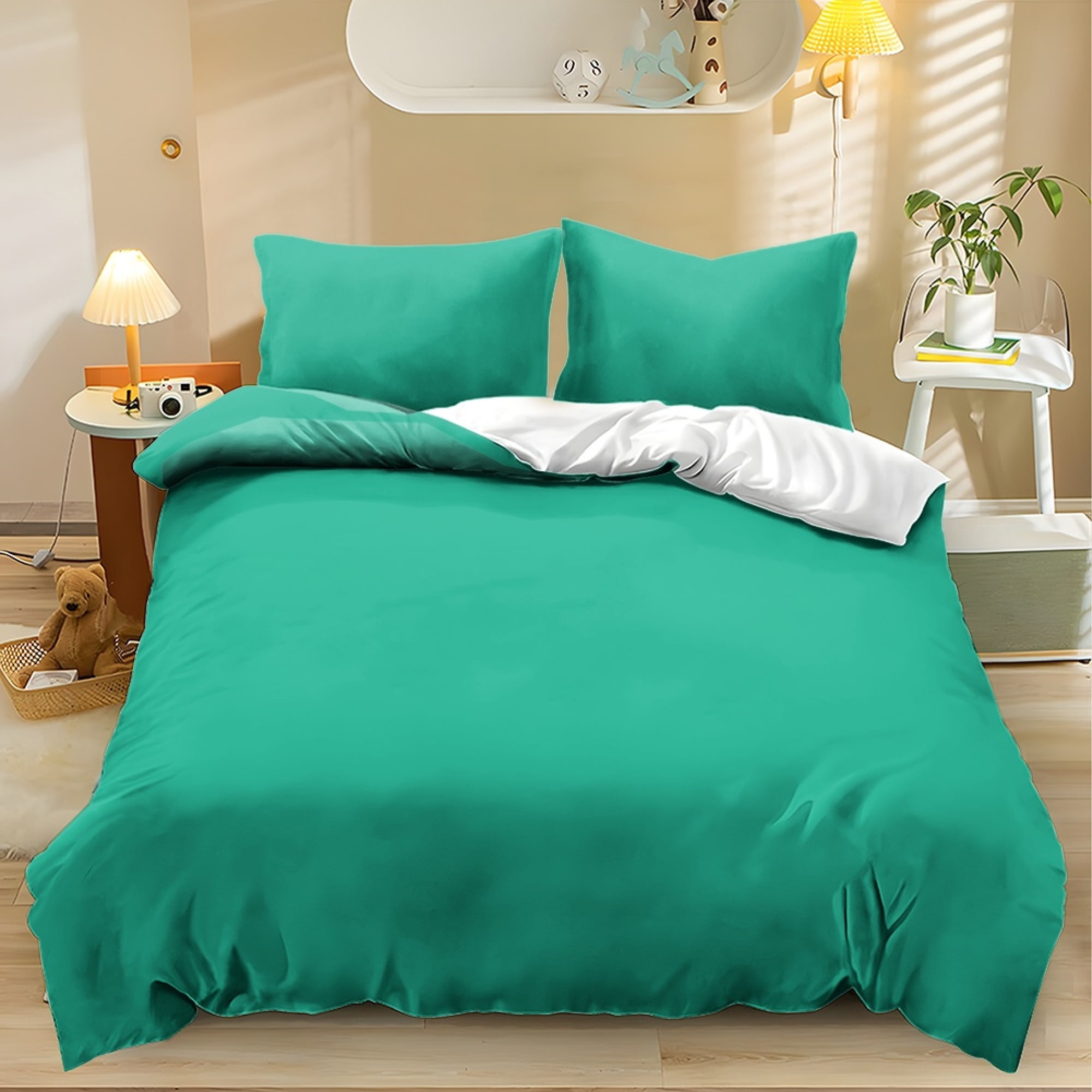 Whosucclay Solid Teal 3-Piece Duvet Cover Set, Comfy All-Season Bedding ...