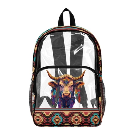 Whosucclay Southwestern Highland Cow Pattern 17 Inch See Through PVC Bag, Side Pockets See Through Bag for Girls Boys, Side Mesh Pocket Bookbag for Elementary