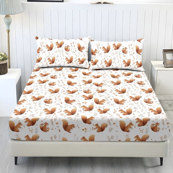 Whosucclay Squirrel Pattern Deep Pockets 3 Piece Fitted Set with Home Decor for Teens Women, Easy-Care Cozy Fade Resistant Fitted Sheet Set, Twin Size