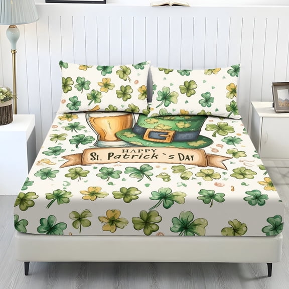 Whosucclay St. Patrick's Shamrock Theme Three Piece Fitted Sheet for Girls Women, Easy Care Soft Fitted Sheet Set for Bedroom, Queen Size
