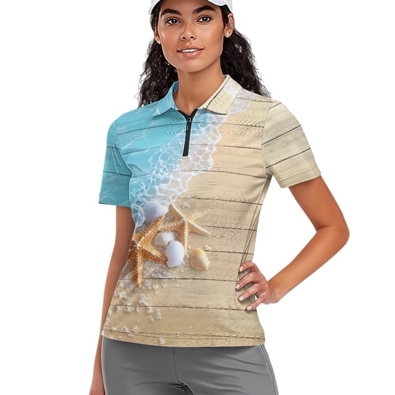 Whosucclay Starfish and Seashell Pattern Skin Friendly Tennis Shirts, Polyester Polo Shirts Stretch Classic Half Zipper Design Golf Shirt for Bowling Fishing Hiking Size Small