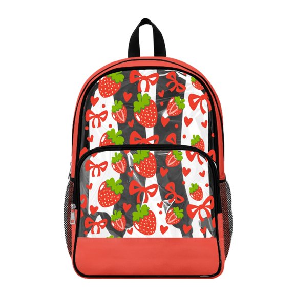 Whosucclay Strawberry Bow Pattern See Through Bag with Transparent Lightweight Daypack, Large Capacity 17 Inch Transparent School Bag for Work Travel Stadium