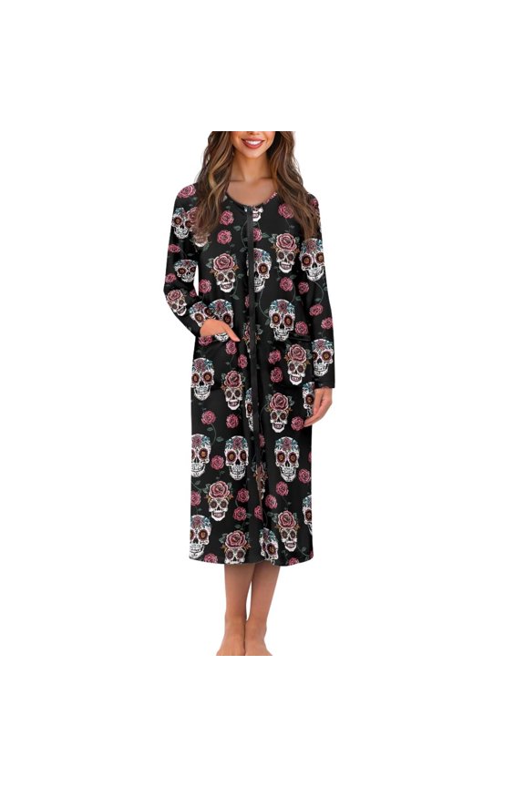 Sugar Skull Rose Print Women Zipper Front Robe Nightgowns Comfy House Coats Full Length Sleepwear House Dress Long Sleeve Bathrobes Loungewear Halloween Decor, 3XL