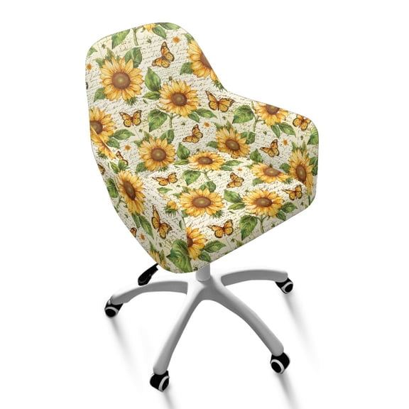 Whosucclay Sunflower Butterfly Letter Print Curved Back Chair Covers with Arms Easy to Install Curved Dining Chair Protector Covers Spandex Office Chair Slipcovers for Kitchen, Party, Banquet