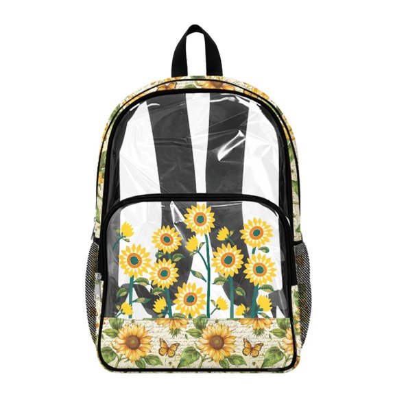 Whosucclay Sunflower Butterfly Pattern 17 Inch Wide Shoulder Straps Clear Backpack for Boys Girls, Heavy Duty Large Capacity School Bag for Elementary Middle School