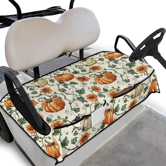 Whosucclay Sunflower and Pumpkin Pattern Golf Cart Seat Protector, With 4 Storage Pockets Anti-Wear Quick Install Towel Blanket for 2 Person Golf Cart Seat