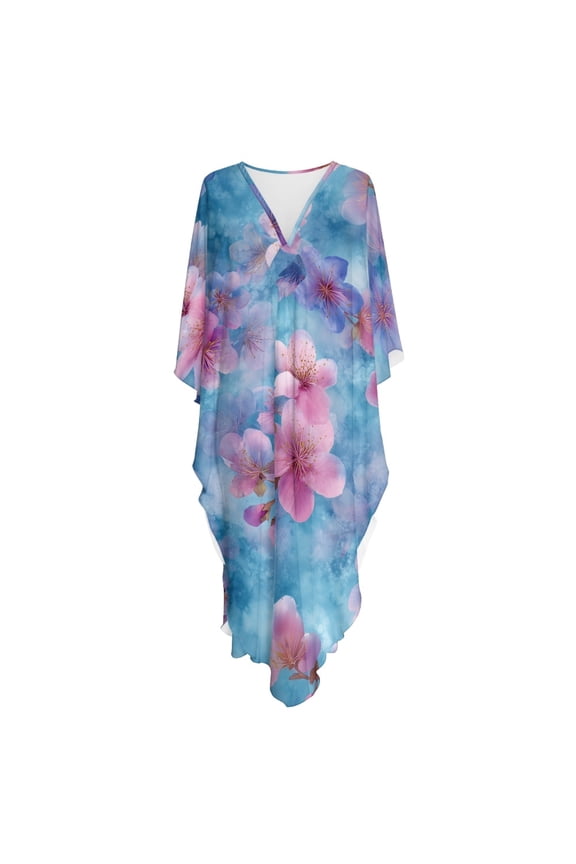 Swimsuit Cover Up Plus Size Kimono Style Maxi Dress Caftan Dress, V Neck Batwing Sleeve High Slit Kaftan Dress, Pink Floral Print